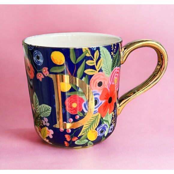Anthropologie Floral Coffee Mug Cup Gold Initial 'D' Monogram Flower Colorful - Picture 10 of 10